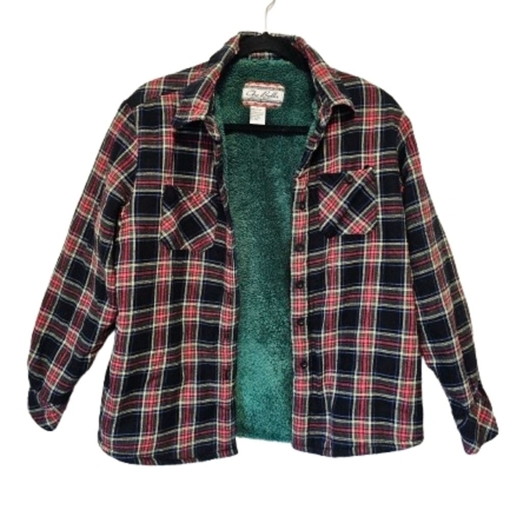 Che-Bella Red, Green Plaid Sherpa Shacket Women's Size Large *see flawe